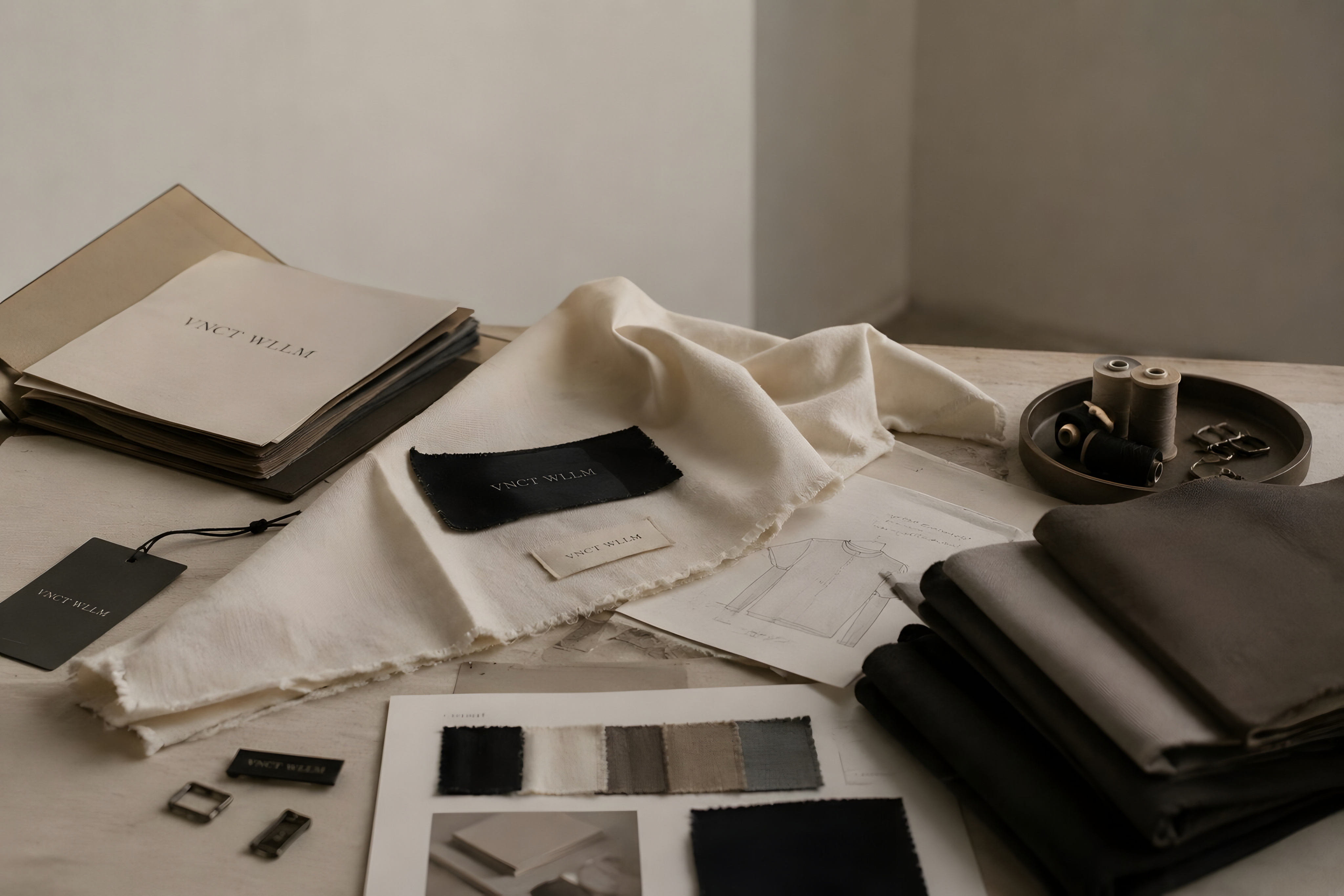 VNCT WLLM fabric, labels, hardware and sketches arranged across the atelier worktable