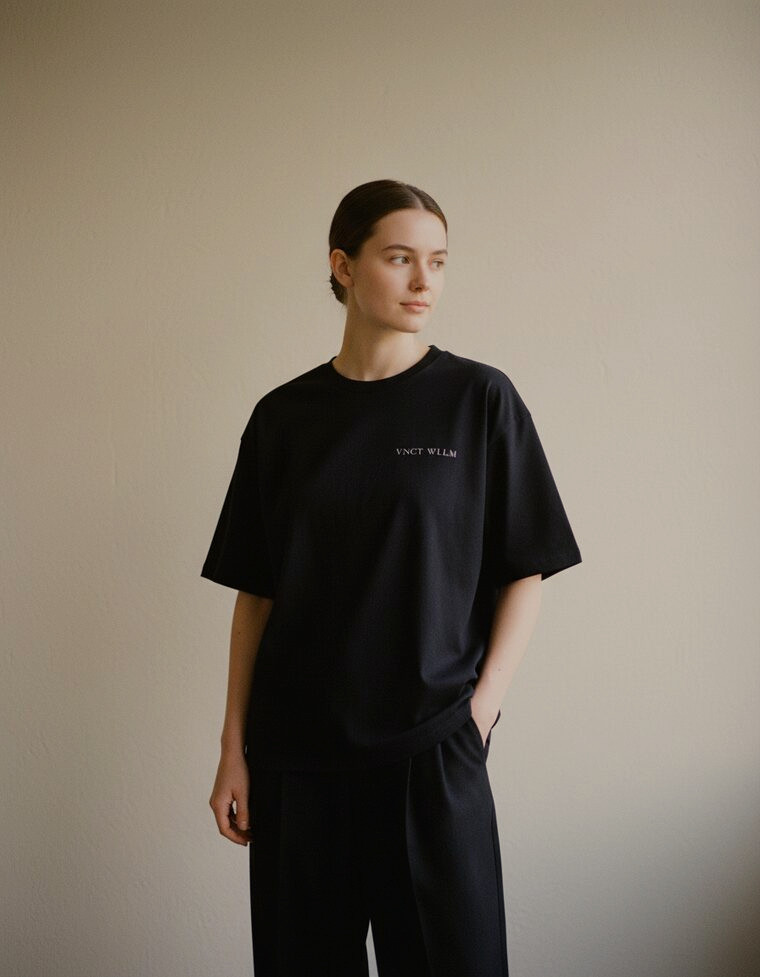 Oversized Tee in black, worn front view with chest wordmark