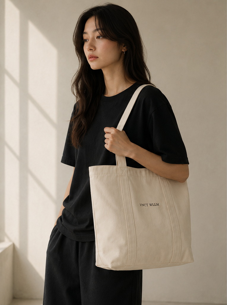 Inaugural Edition Canvas Tote in ivory, carried at the shoulder